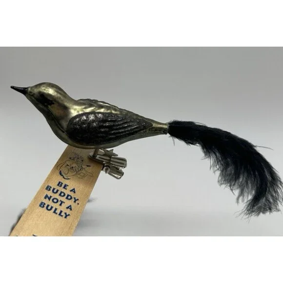 3 Blown Glass Bird Clip On Ornaments Feather Tails Gold & Black Glitter Vintage - Picture 13 of 16